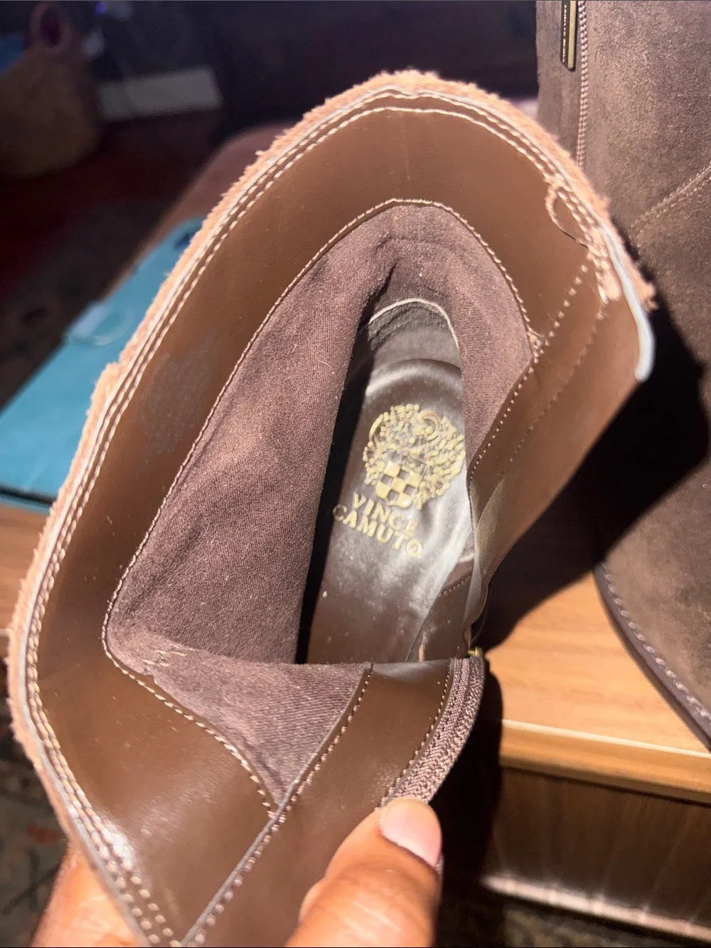 Vince Camuto Brown Suede Ankle Boots with Gold Toe Accent